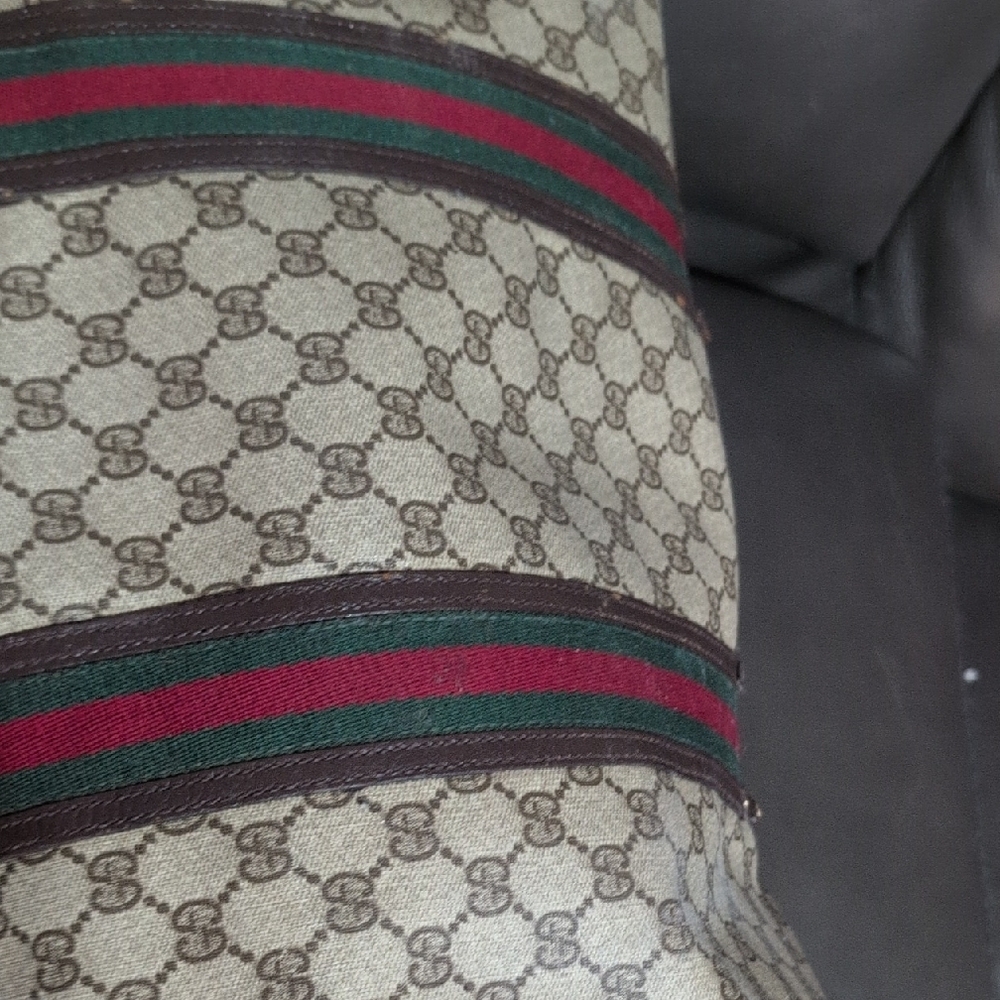 Gucci Beige GG Canvas Travel Bag with Brown Leather and Green-Red Web - Picture 6 of 15